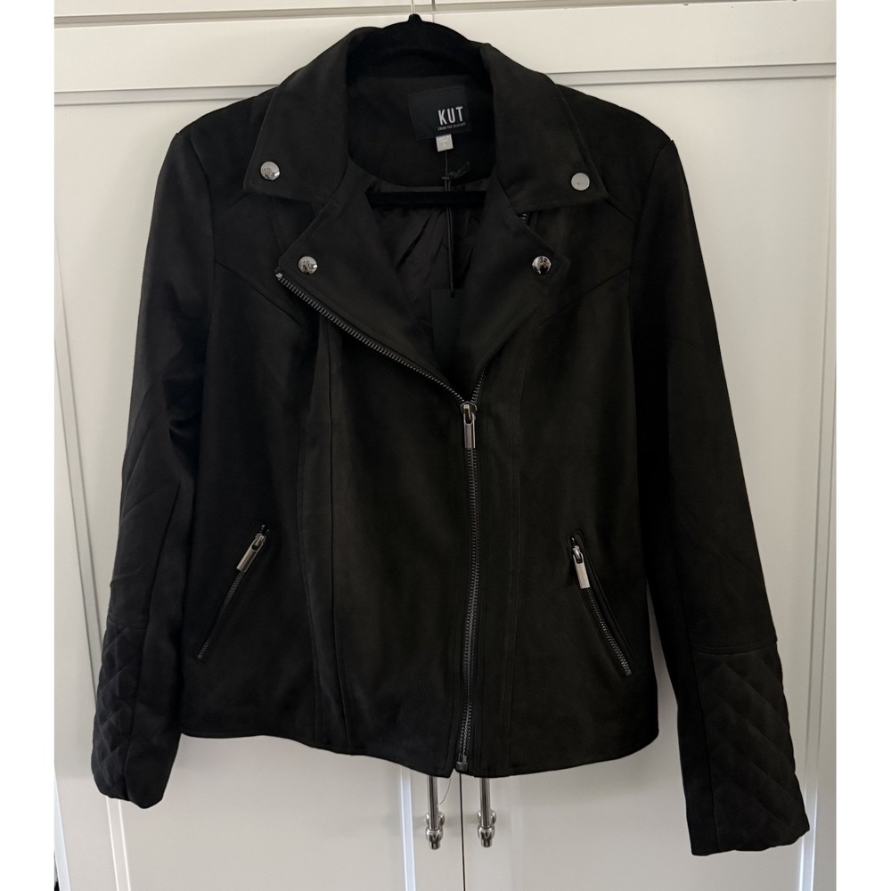 NWT KUT from the Kloth Women's Blk Faux Suede Quilted Moto Jacket Sz L Baddie